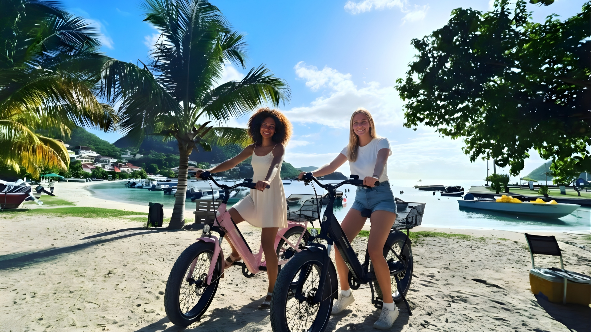 Cycliste en vélo électrique sur une route de Terre-de-Haut avec vue sur la mer